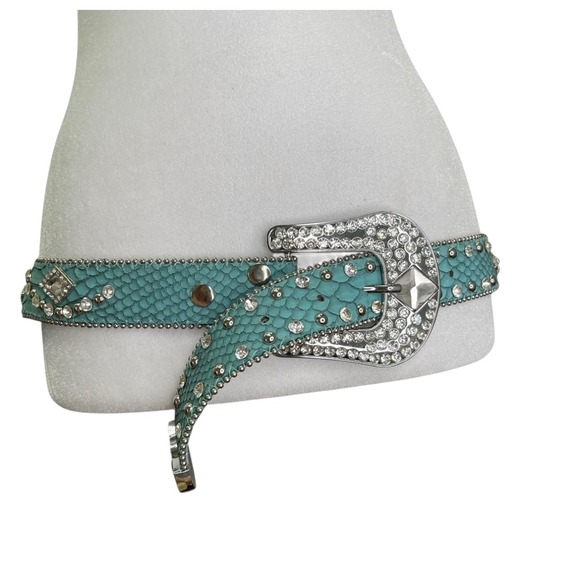 Accessories - Western Teal Alligator Leather Belt Silver Stud Crystal Rhinestone Conchos Small